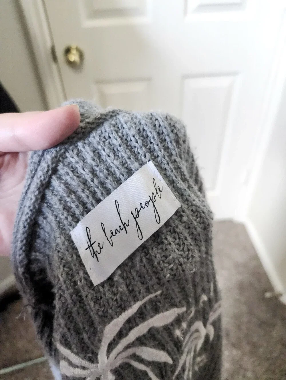 The Beach People Cozy Grey Knit Cardigan with Palm Embroidery